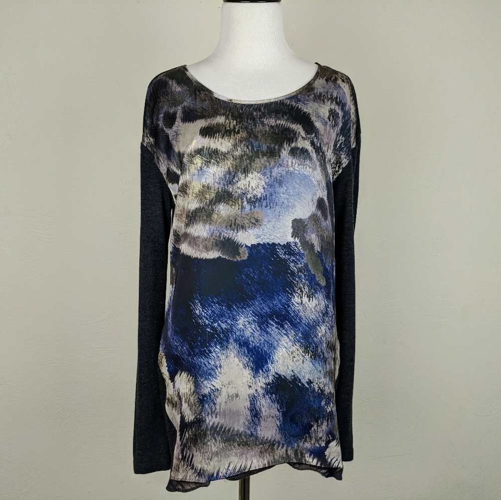 Trouve Top Long Sleeve Gray Blue Abstract Print Boho